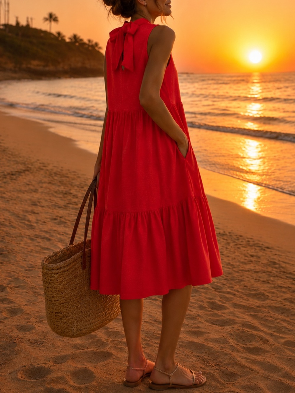 Me+Em red/orange 100% cotton tiered Dress Sz 8 sweep pockets